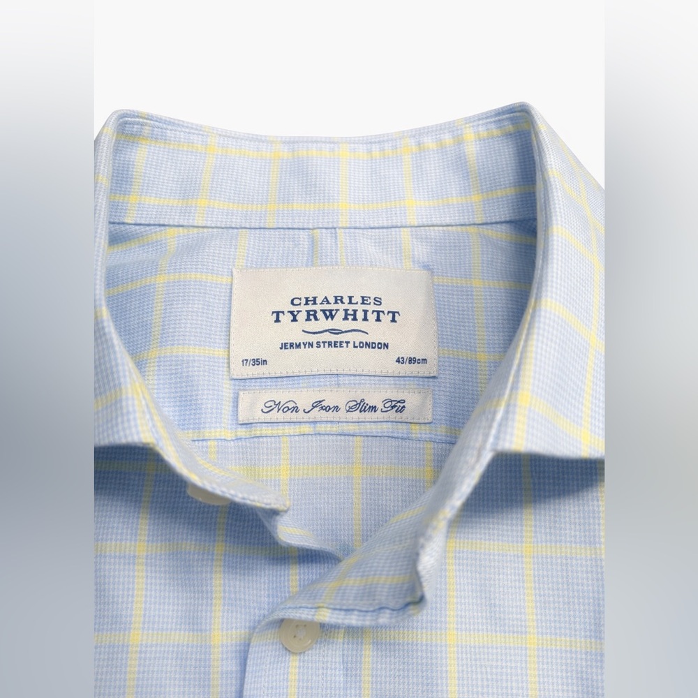 Charles Tyrwhitt Non Iron Dress Shirt 17/35 Light Blue Yellow Check Cotton
